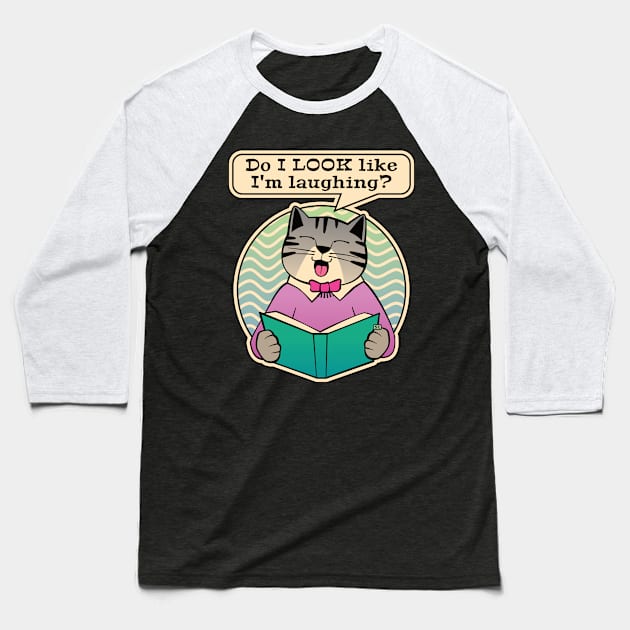 Laughing Cat Reading Book Joke Baseball T-Shirt by Sue Cervenka
